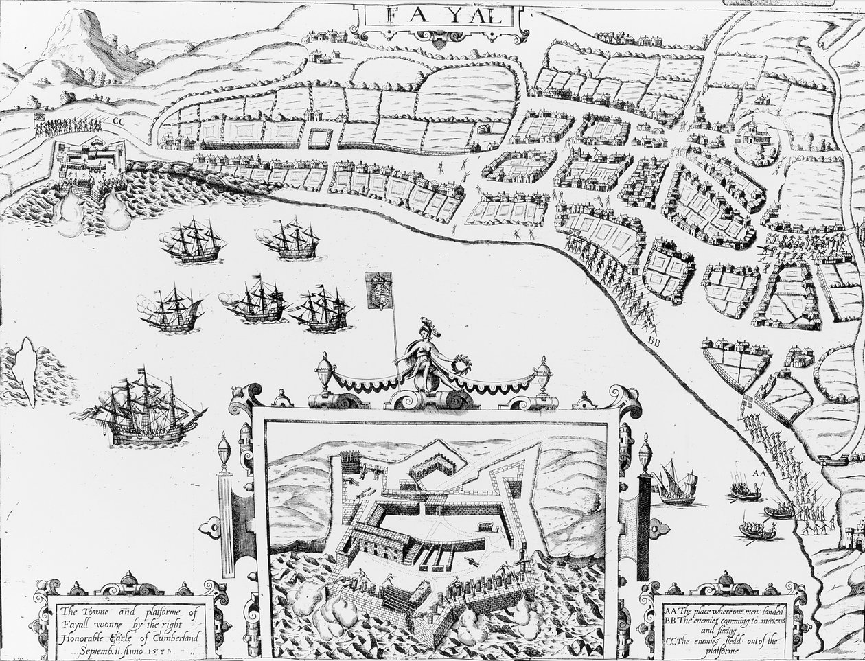 A Fayall Towne-ot és Platforme-ot a megfelelő Cumberland gróf nyerte el 1589. szeptember 2-án alkotó: English School