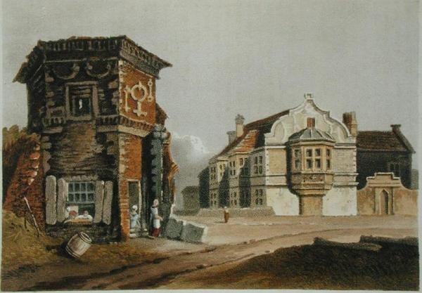 A Szerződés Háza, Uxbridge, Ackermann „Művészetek tárházából”, a 19. század elején jelent meg (színes litó) alkotó: English School