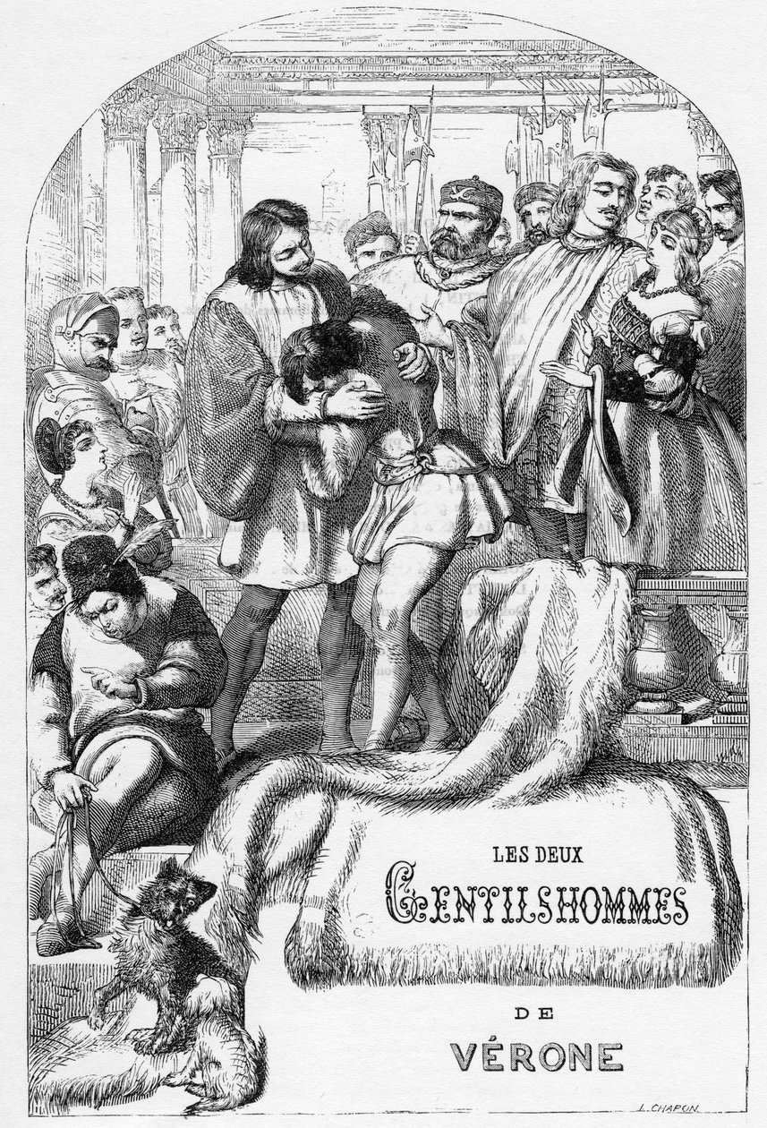 The Two Gentlemen of Verona – Illusztráció a „William Shakespeare műveivel kiegészítve” 1866-ban – E kiadás illusztrációi és általános formája Cassell illusztrált Shakespeare-jéből származik, amely Londonban jelent meg. alkotó: English School
