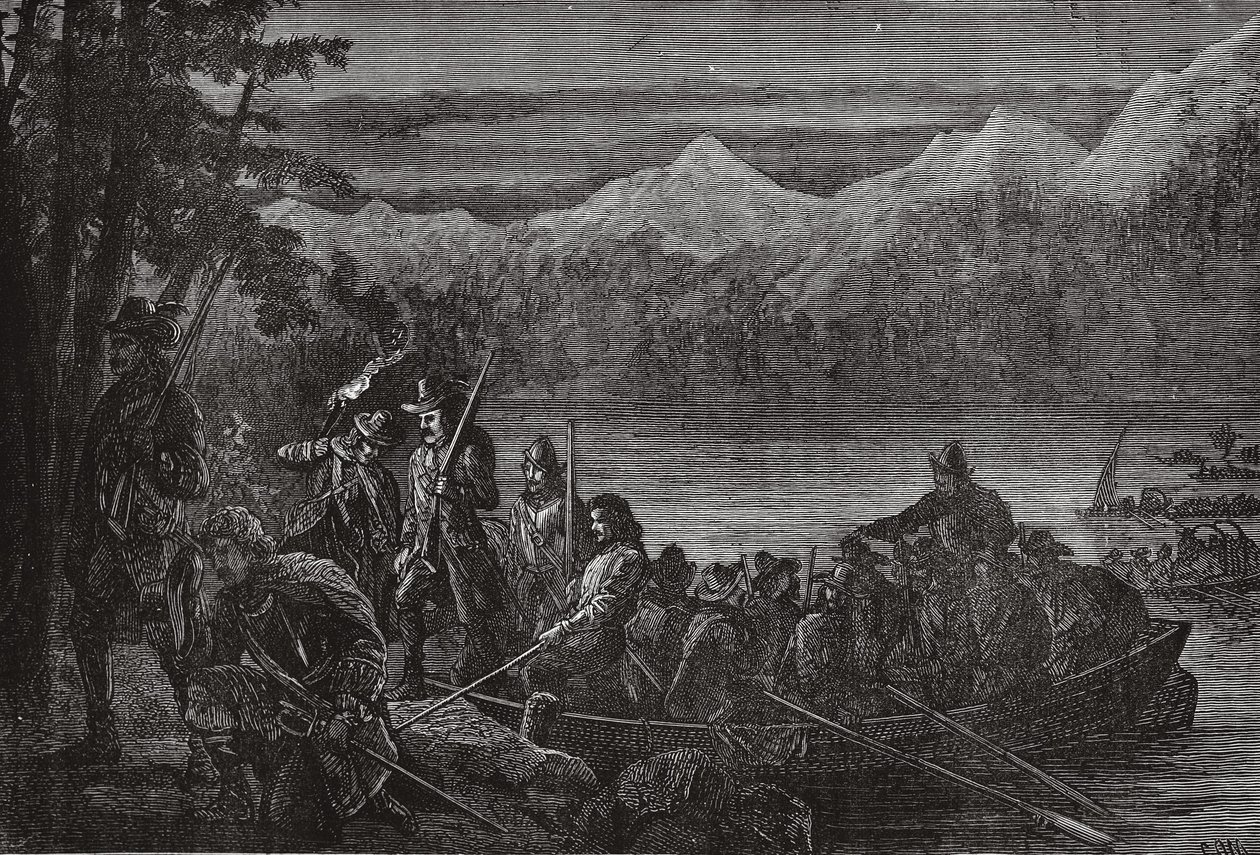 A Vaudois éjjel átkel a Leman-tavon, illusztráció: James Aitken Wylie (1808-1890), kocsma: A protestantizmus története. 1878 alkotó: English School