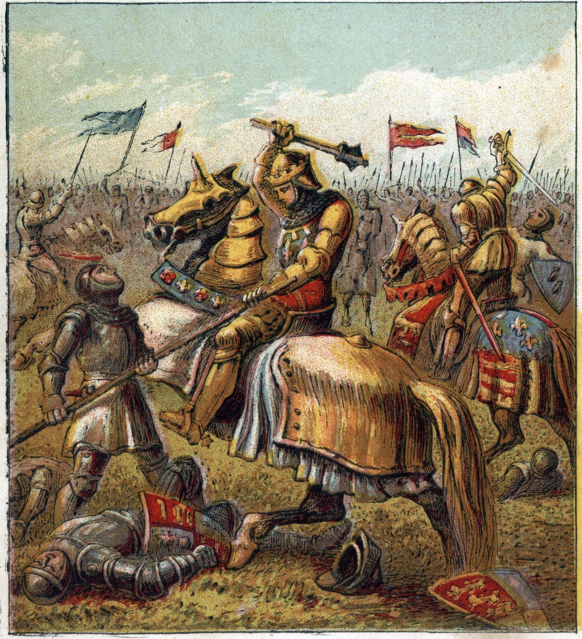 A két rózsa háborúja (1455-1485): Csata a York-i királyi ház és a lancasteri királyi szabadkőműves között. Illusztráció az angol polgárháborúról, amelyet III. Edward király (1327-1377) utódai két ágra osztottak. A Ros háborúja alkotó: English School