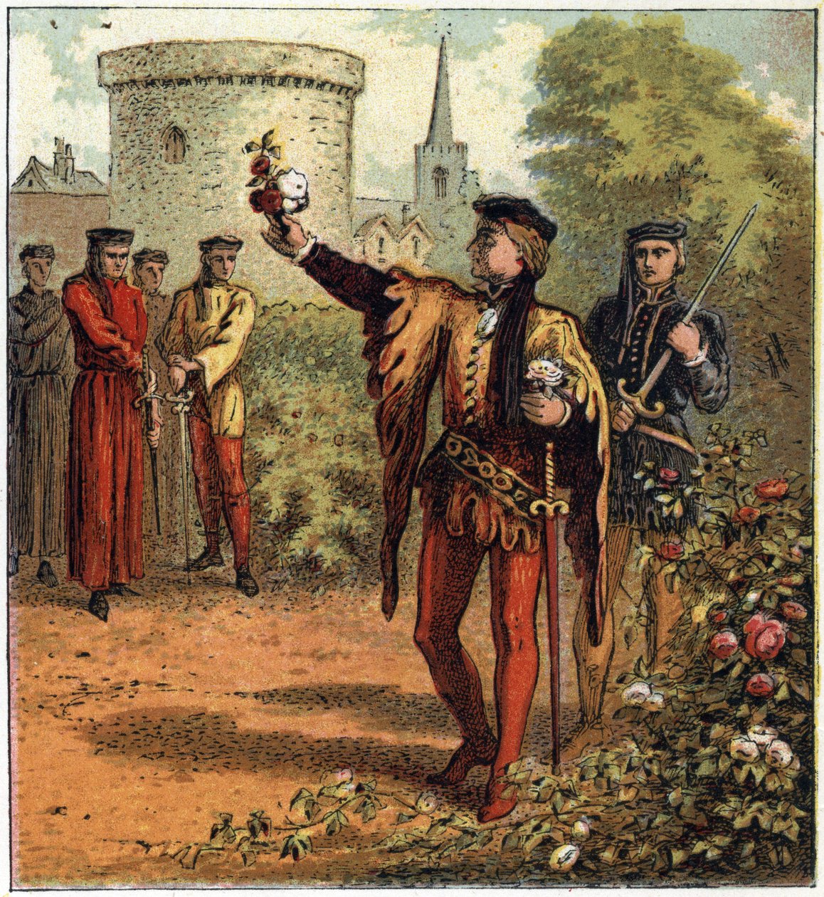 A két rózsa háborúja (1455-1485): a konfliktus kezdete. A York-i Királyi Ház egyik ura fehér rózsát szed, a másik pedig a Lancaster királyi házból egy vörös rózsát. Illusztráció az angol polgárháborúról, amelyet a szu hadosztálya szült alkotó: English School