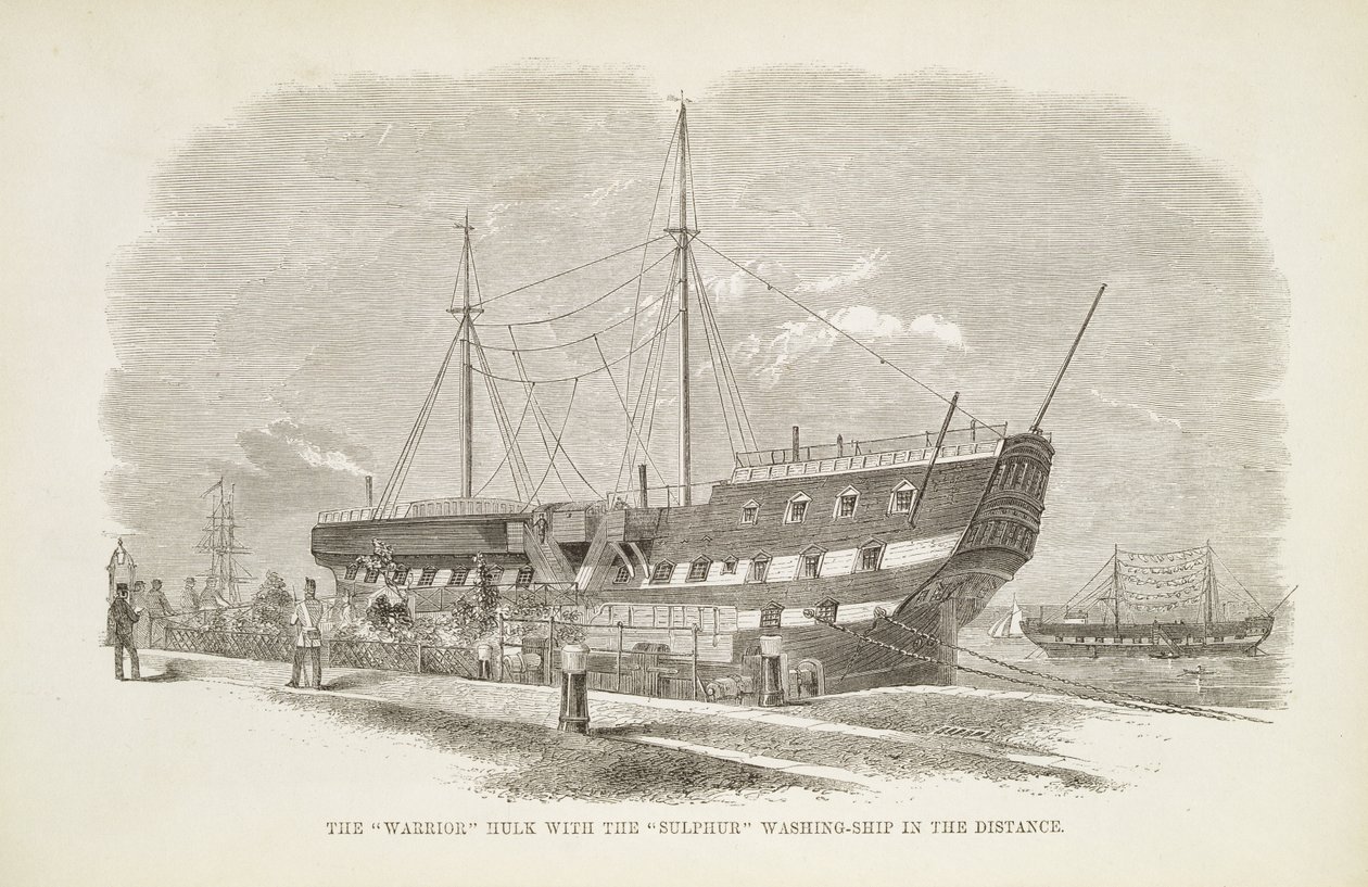A harcos Hulk a kénmosó hajóval a távolban, A londoni bűnügyi börtönökből és a börtönélet jeleneteiből Henry Mayhew (1812-87) és John Binny, 1862 alkotó: English School