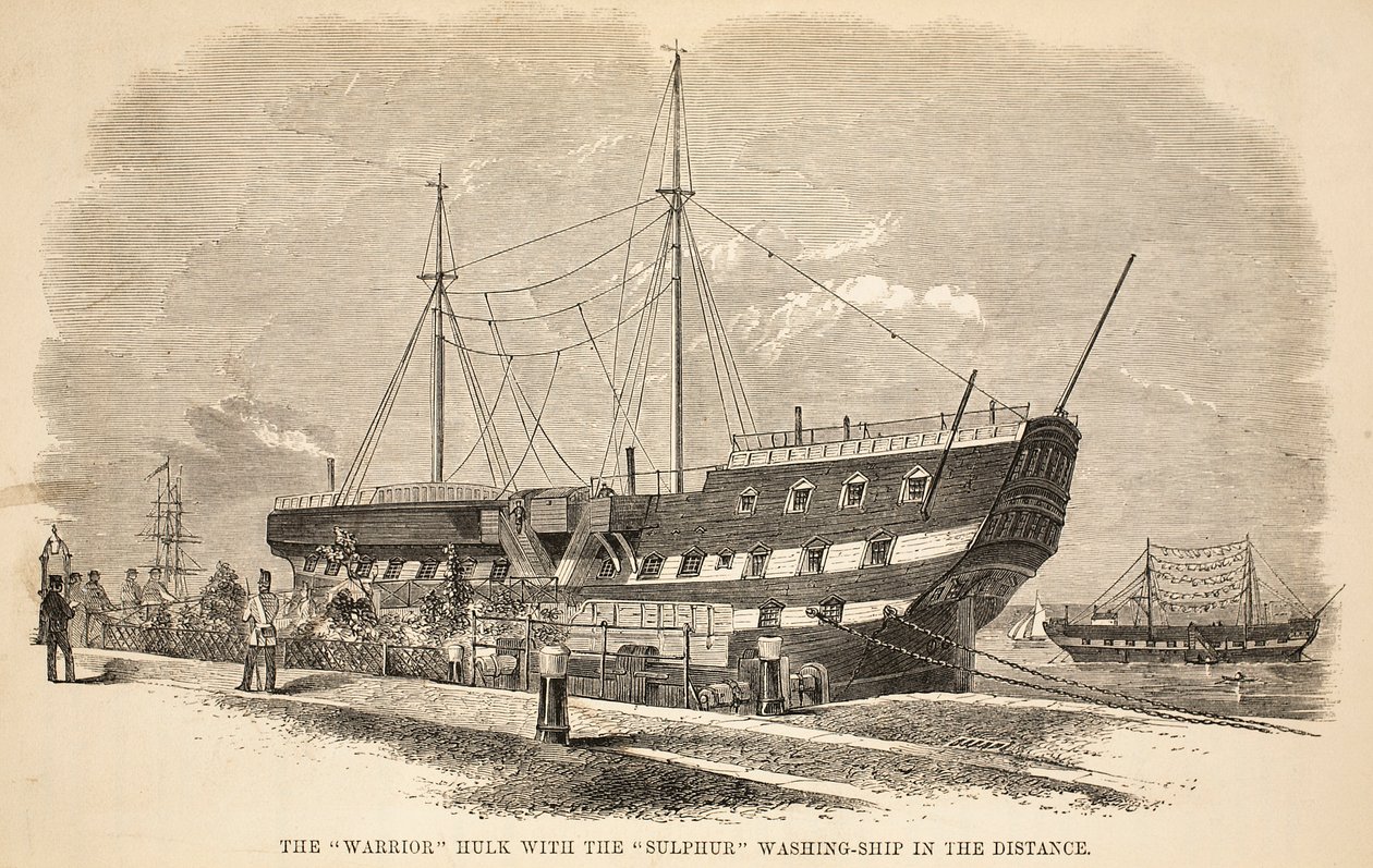 A Warrior hulk a Sulphur mosóhajóval a távolban, illusztráció a londoni büntetőbörtönből és Henry Mayhew és John Binny jelenetei a börtönéletből, kocsma. 1862 alkotó: English School