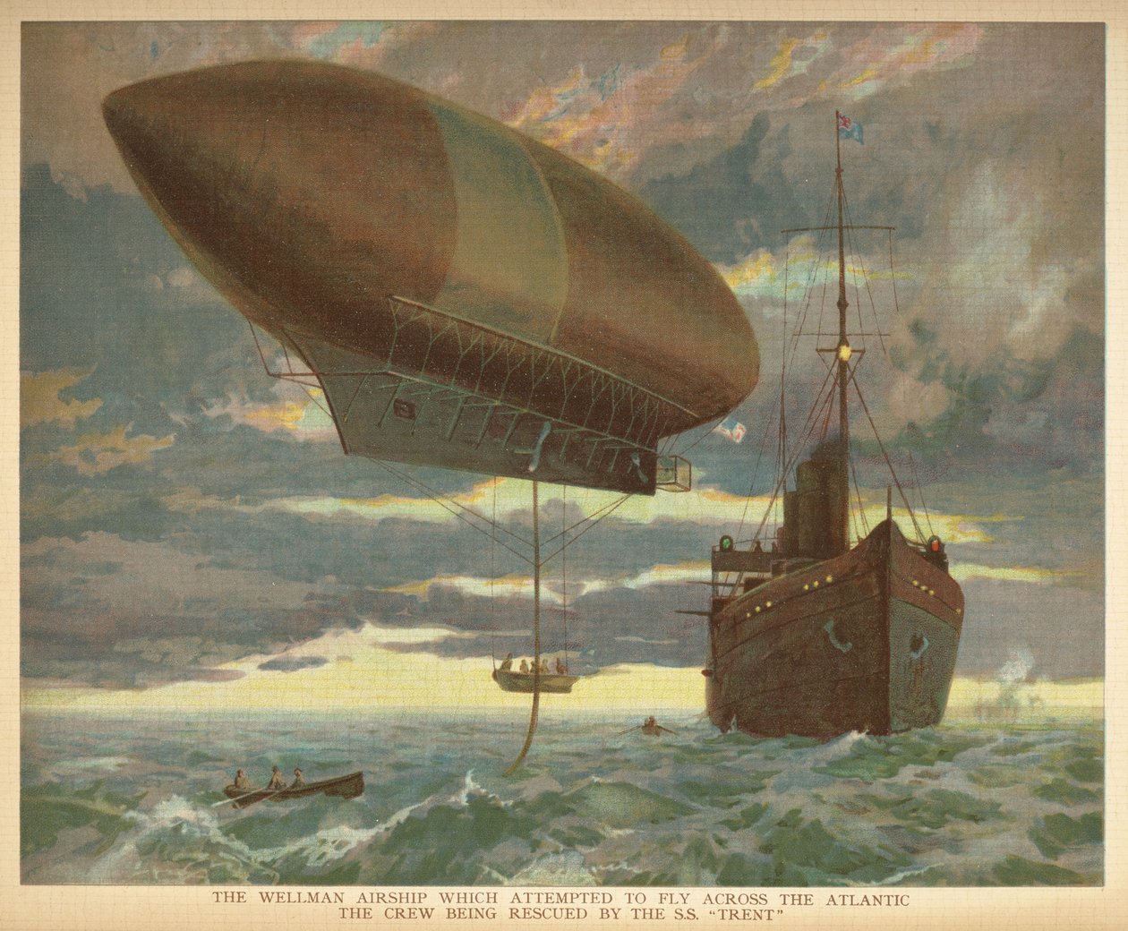 „A Wellman léghajó, amely megpróbált átrepülni az Atlanti-óceánon, a legénységet az S.S. „Trent” mentette meg. Kis emberek léghajók könyve. London: Ernest Nister, [1912] alkotó: English School