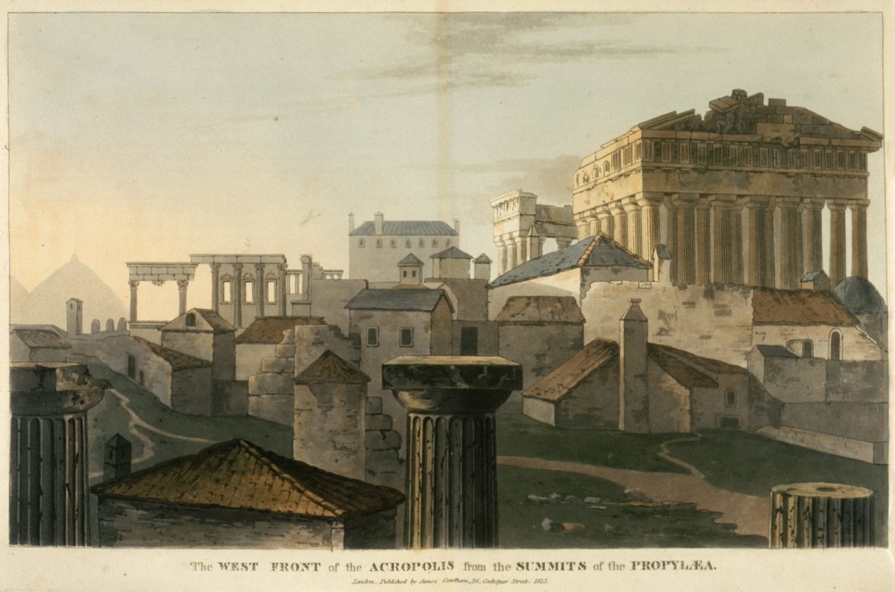 Az Akropolisz nyugati frontja a Propylea csúcsairól, J. C. Hobhouse illusztrációja az „Utazás Albánián és más tartományokon… Konstantinápolyig, 1809-1810 között” című könyvéből alkotó: English School