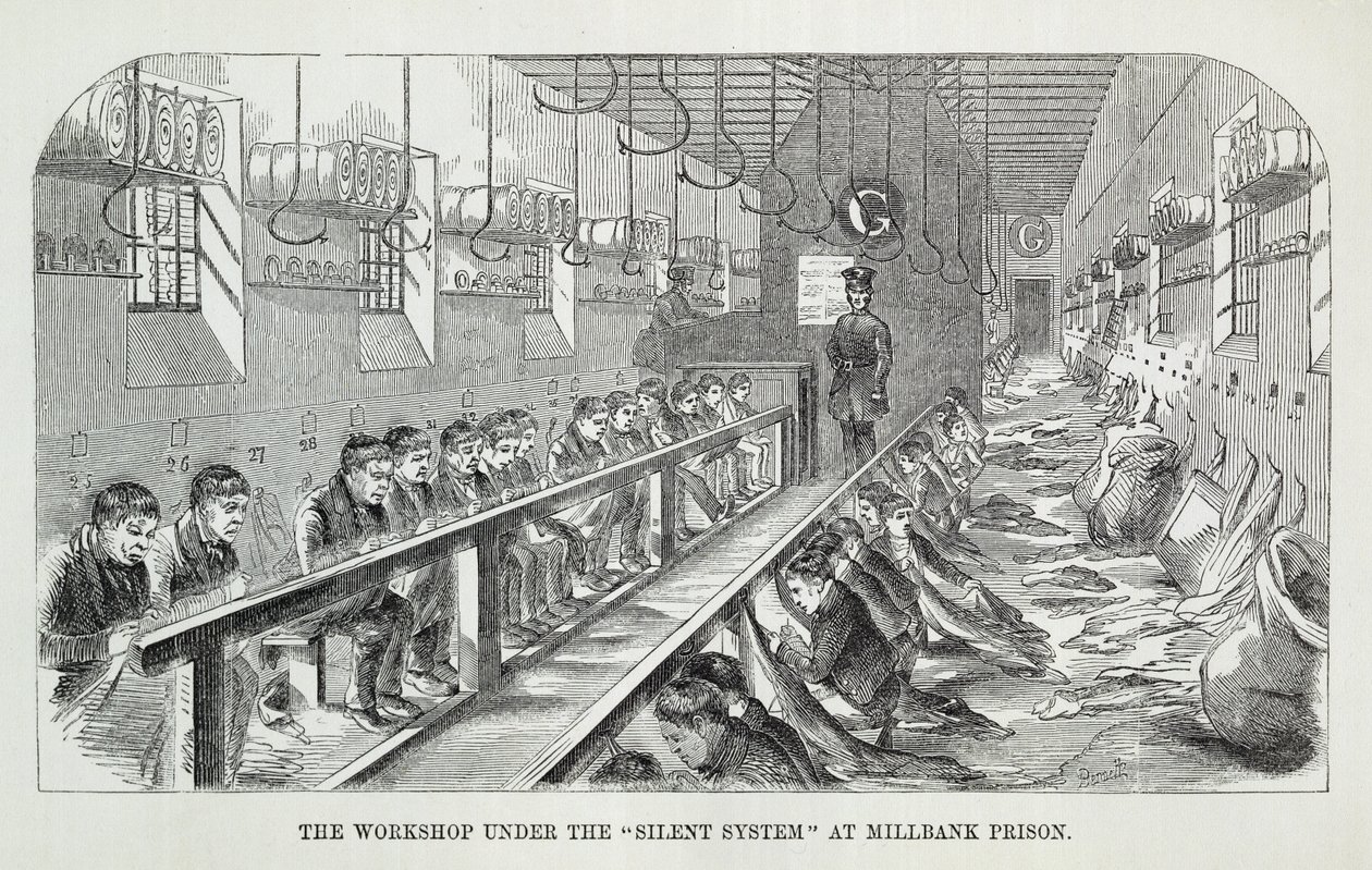 A műhely a néma rendszer alatt a Millbank börtönben, A londoni bűnügyi börtönökből és Henry Mayhew (1812-87) és John Binny színhelyei a börtönből, 1862 alkotó: English School