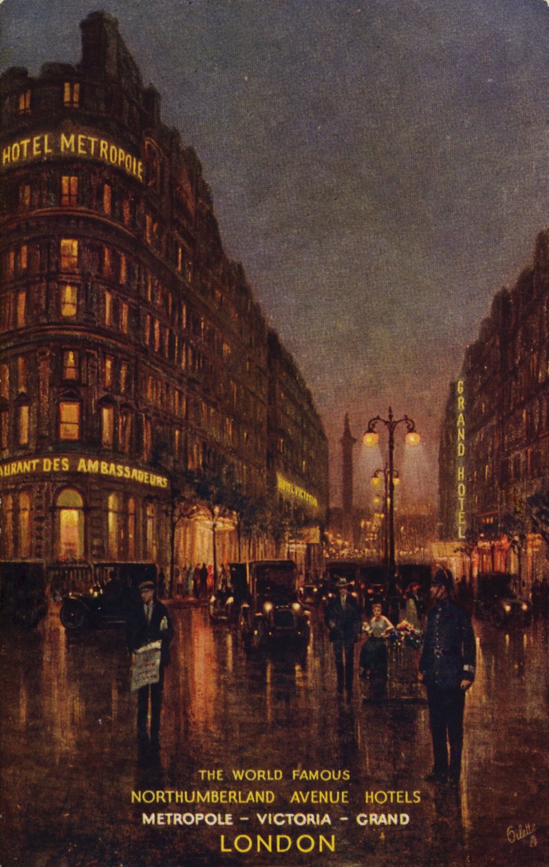 A világhírű Northumberland Avenue Hotels, Metropole, Victoria, Grand, London (színes litográfia) alkotó: English School