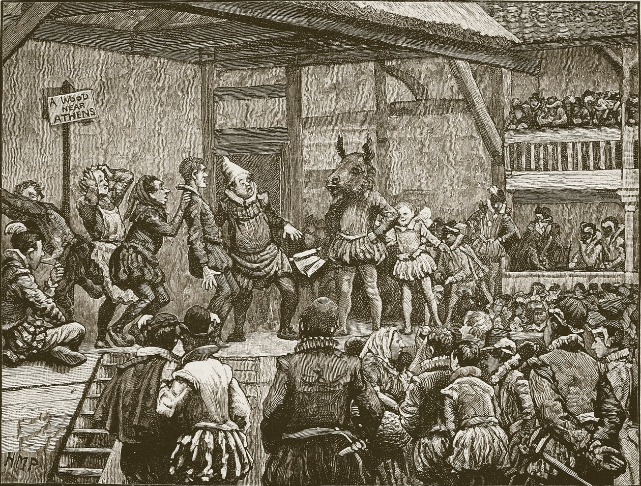 Shakespeare egyik drámájának színjátszása Erzsébet királynő idejében, illusztráció Cassell Anglia illusztrált története című művéből (szépia fotó) alkotó: English School