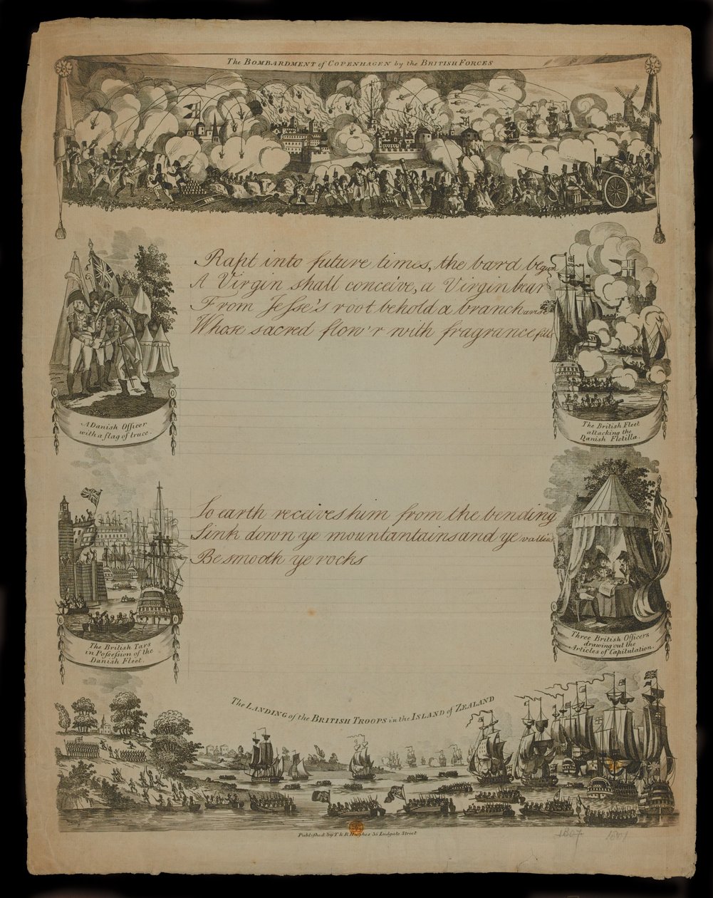 A brit erők koppenhágai bombázása és a The Landing of the British Forces in the Island of Zealand, T. és R. Hughes 1807-ben publikálta alkotó: English School