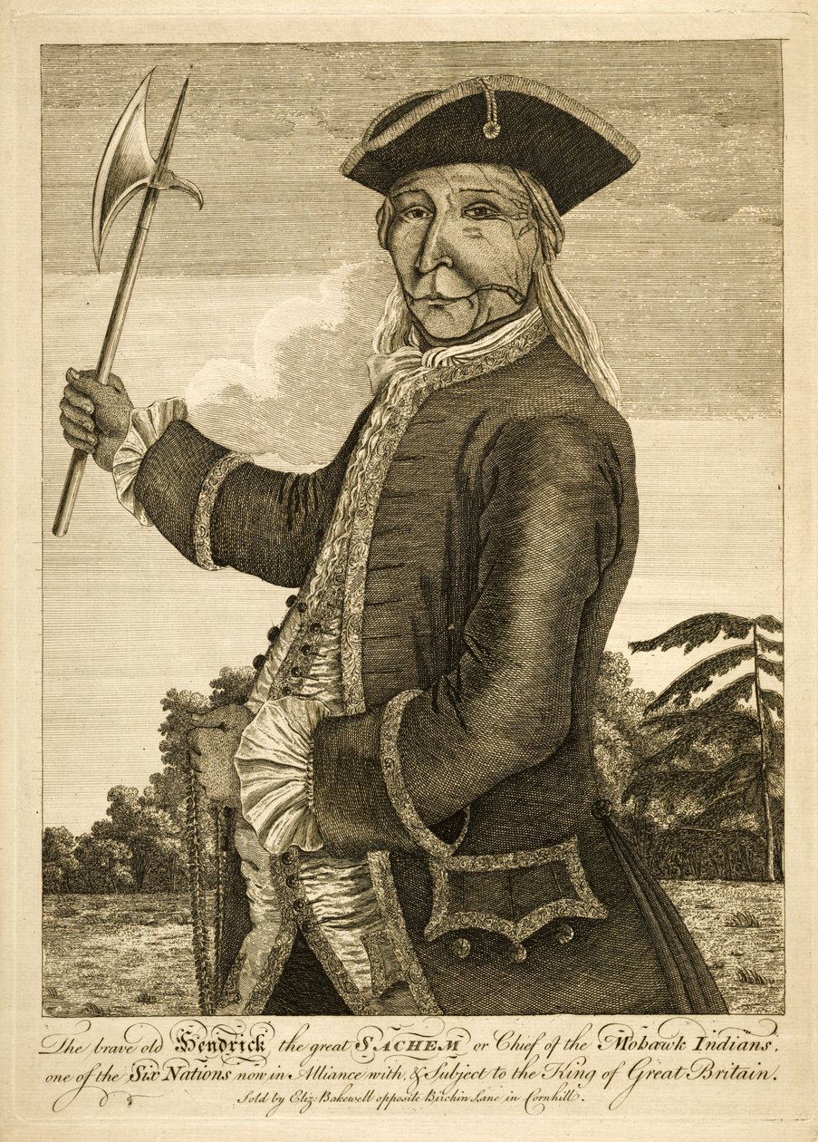 A bátor öreg Hendrick a Nagy Szachem vagy a mohawk indiánok főnöke, pub. 1755 (metszet) alkotó: English School