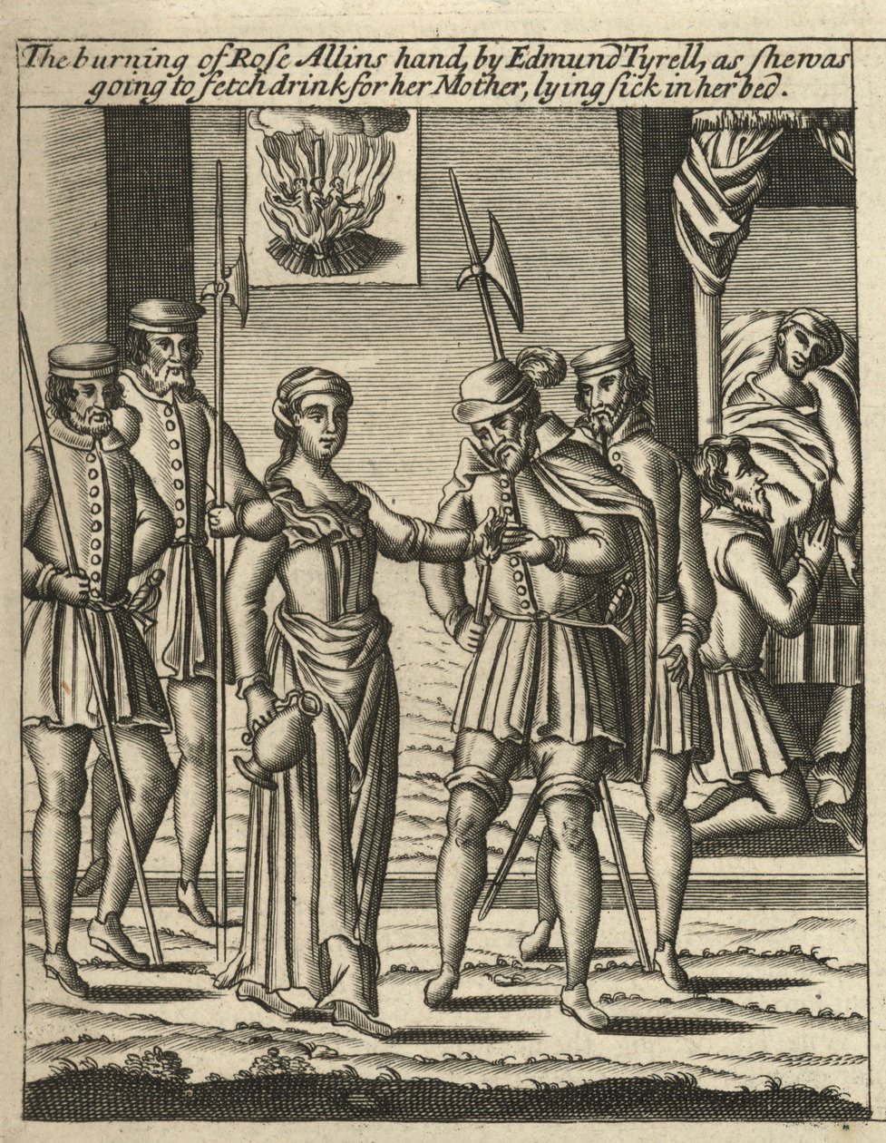 Rose Allins kezének elégetése, Edmund Tyrell (metszet) alkotó: English School