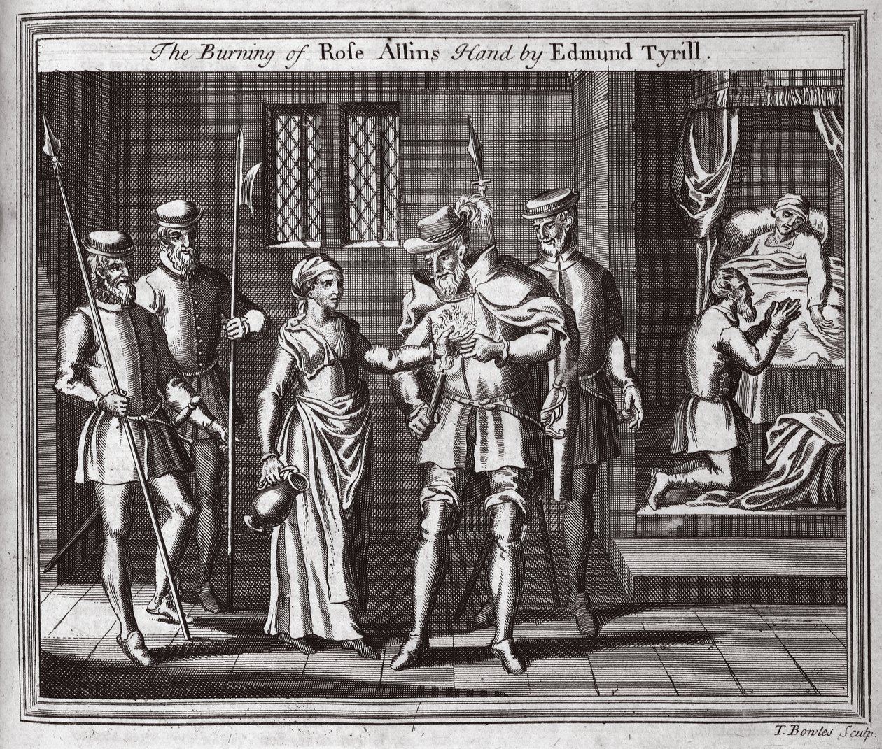 Edmund Tyrill Rose Allins keze elégetése, illusztráció a Foxes Martyrs c.1703-ból alkotó: English School