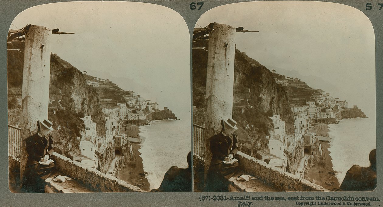 Amalfi partja és a Salernói-öböl egy átalakított kolostorból, sztereoszkópikus kilátás (szépia fotó) alkotó: English School