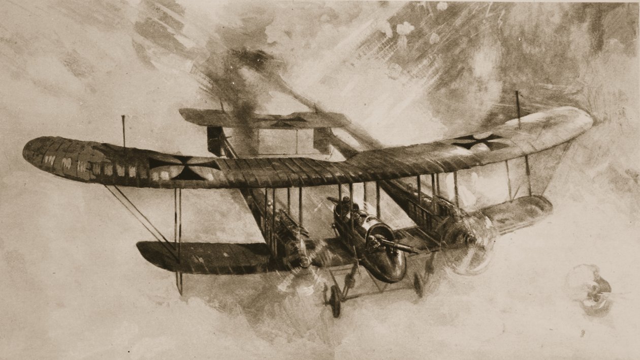 A nagy harci repülőgép eljövetele: a dupla méretű német kétfedelű repülőgép, amelyet brit repülők vettek harcba, a The Illustrated War News-ból alkotó: English School