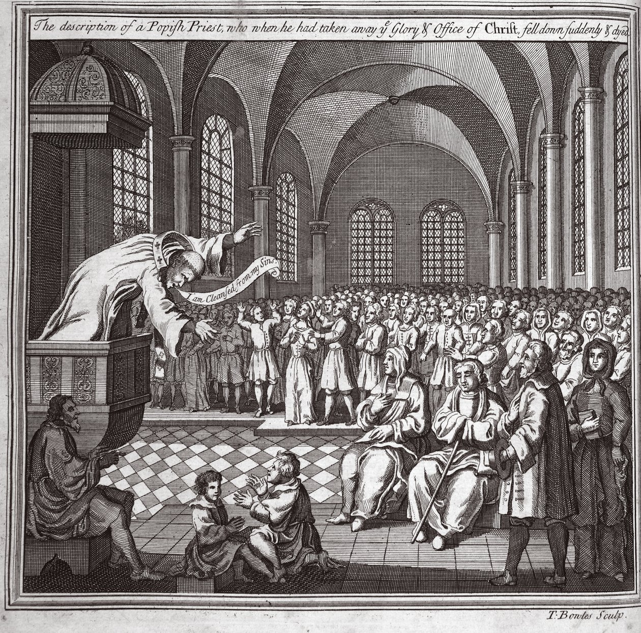 Egy pápai pap leírása, aki, amikor elvette Krisztus dicsőségét és hivatalát, hirtelen elesett és meghalt, illusztráció a Foxes Martyrs c.1703-ból alkotó: English School