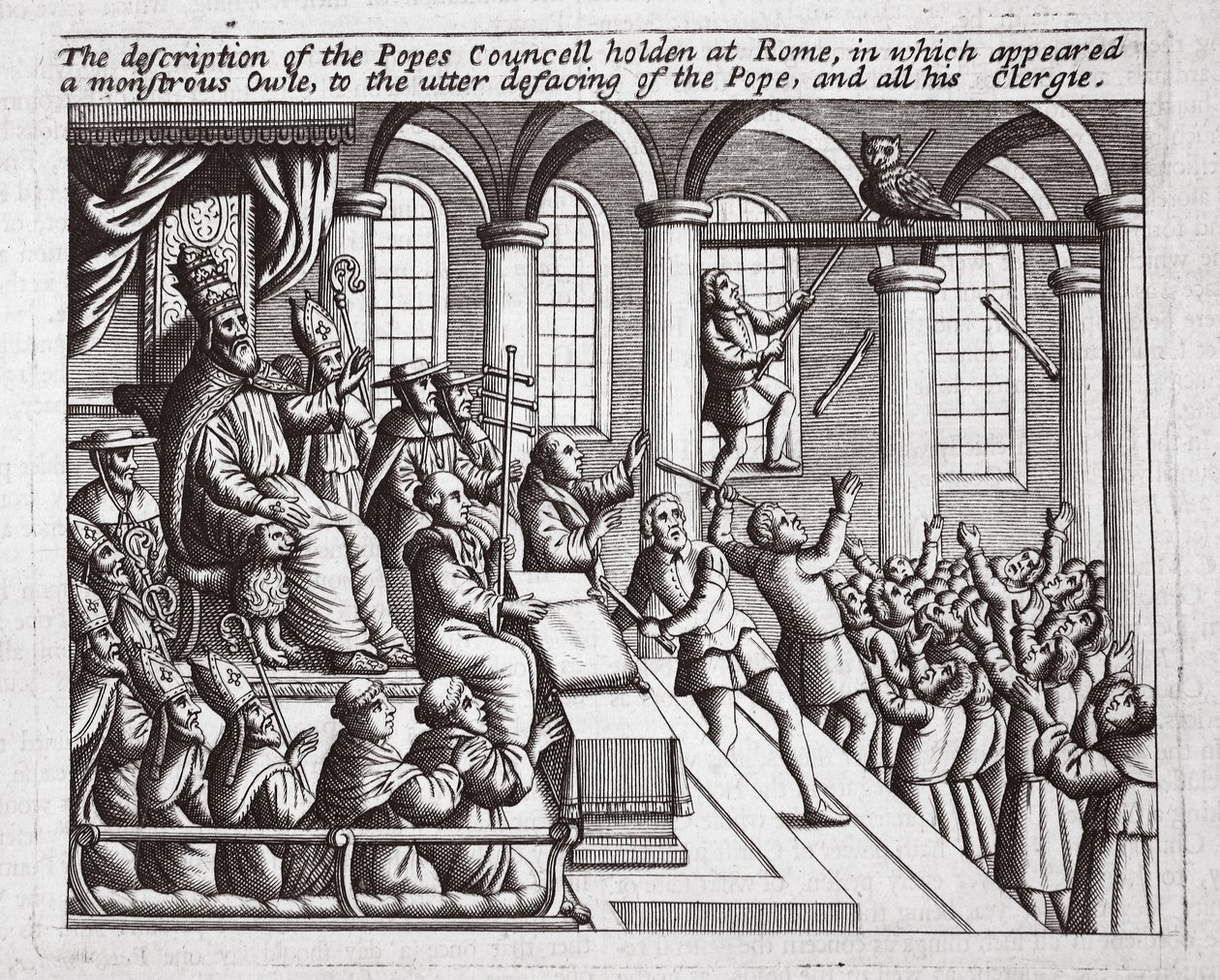 A Rómában tartott pápai zsinat leírása, amelyben egy szörnyeteg bagoly jelent meg, a pápa és az összes papsága teljes megsértésére, illusztráció John Foxe Cselekedeteiből és emlékművekből, kilencedik kiadás alkotó: English School