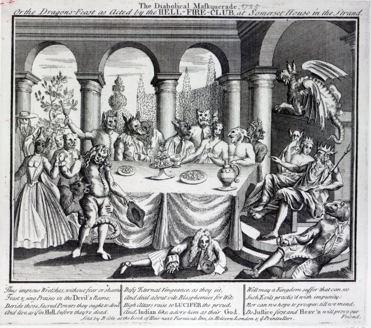 Az ördögi álarcosbál, vagy a sárkányok lakomája a Pokol-tűz-klub előadásában, a Somerset House-ban, a Strandon, 1721 körül. alkotó: English School