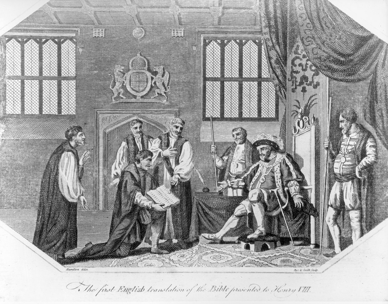 A Biblia első angol fordítását VIII. Henriknek mutatták be 1824-ben alkotó: English School
