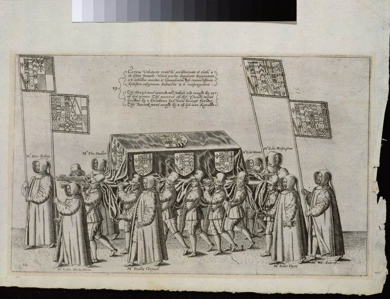 Sir Philip Sidney (1554-1586) temetkezési csoportja úton a Szent Pál-székesegyház felé, 1587, Theodor de Bry (1528-1598) metszetével alkotó: English School