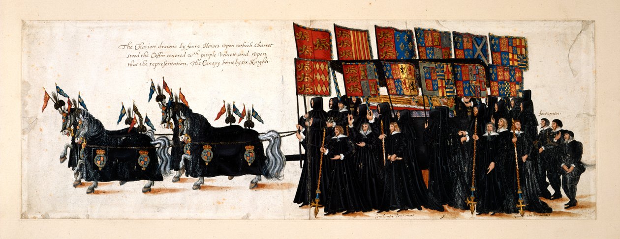 I. Erzsébet királynő temetési menete a Westminsteri apátságba, 1603. április 28. A szekeret négy ló húzza. A koporsót lila bársony borítja, amelyen a királynő képmása fekszik. A lombkoronát hat lovag szüli, Nyugdíjas urakkal alkotó: English School