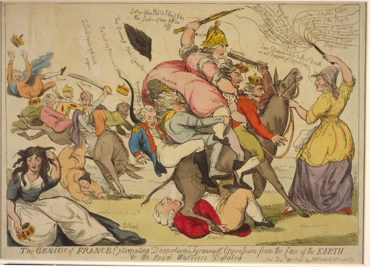 Franciaország zsenije, aki kiirtja a despotizmust, a zsarnokságot és az elnyomást a föld színéről, Vagy a legyőzött királyi harcosok, 1792 (kézzel színezett rézkarc) alkotó: English School