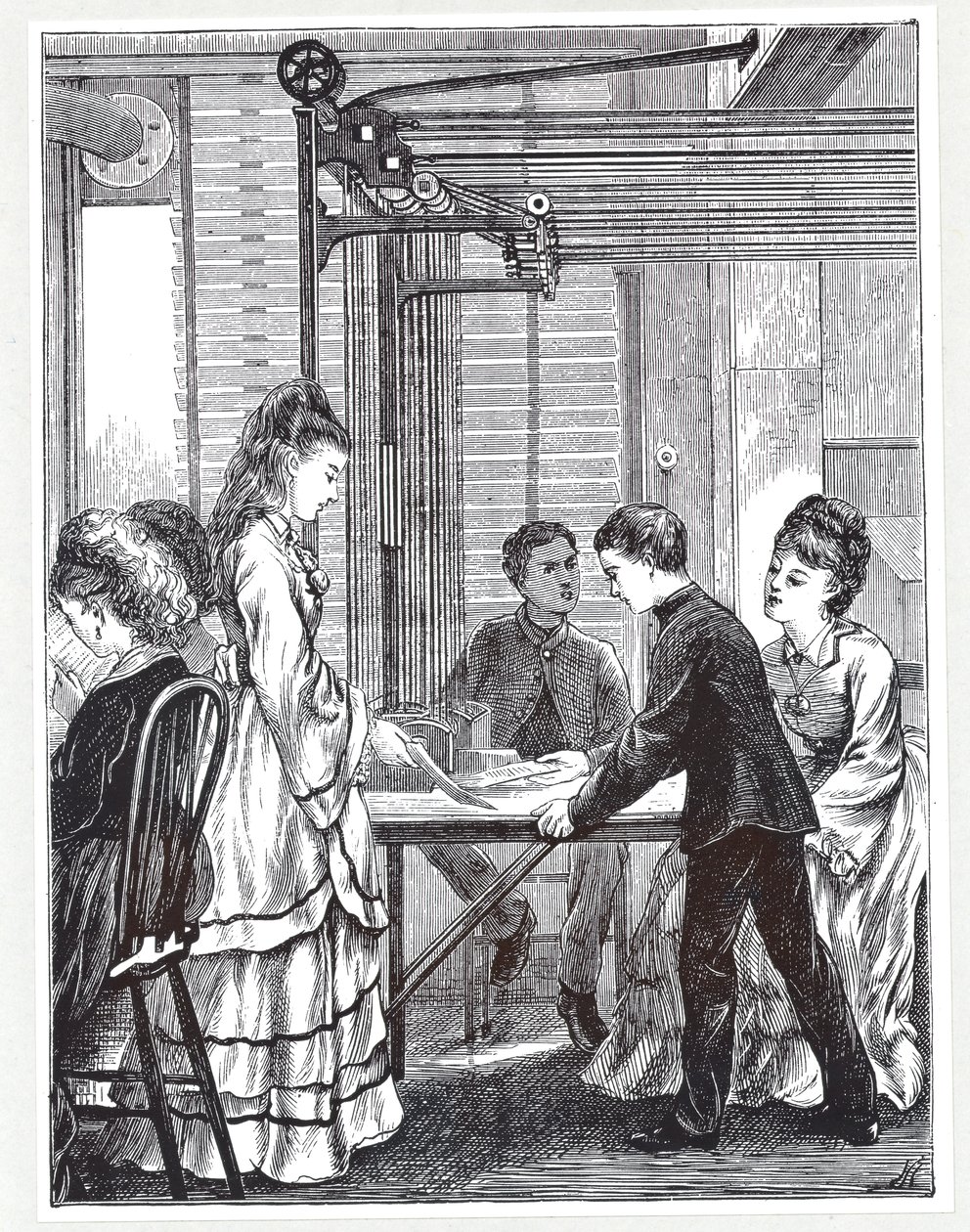 Üzenetek szállítására szolgáló eszközök a londoni Telegraph Street Post Office Telegraph központjában, a The Graphic-ból, 1871 alkotó: English School