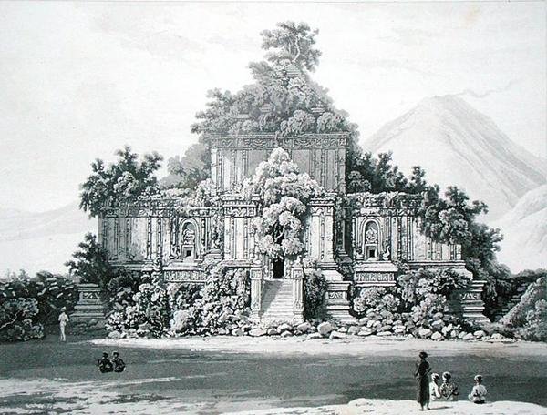 A brambanani nagy templom, Thomas Stamford Raffles (1781-1826) „The History of Java” II. kötetének 35. táblája, 1817-ben (litográfia) alkotó: English School