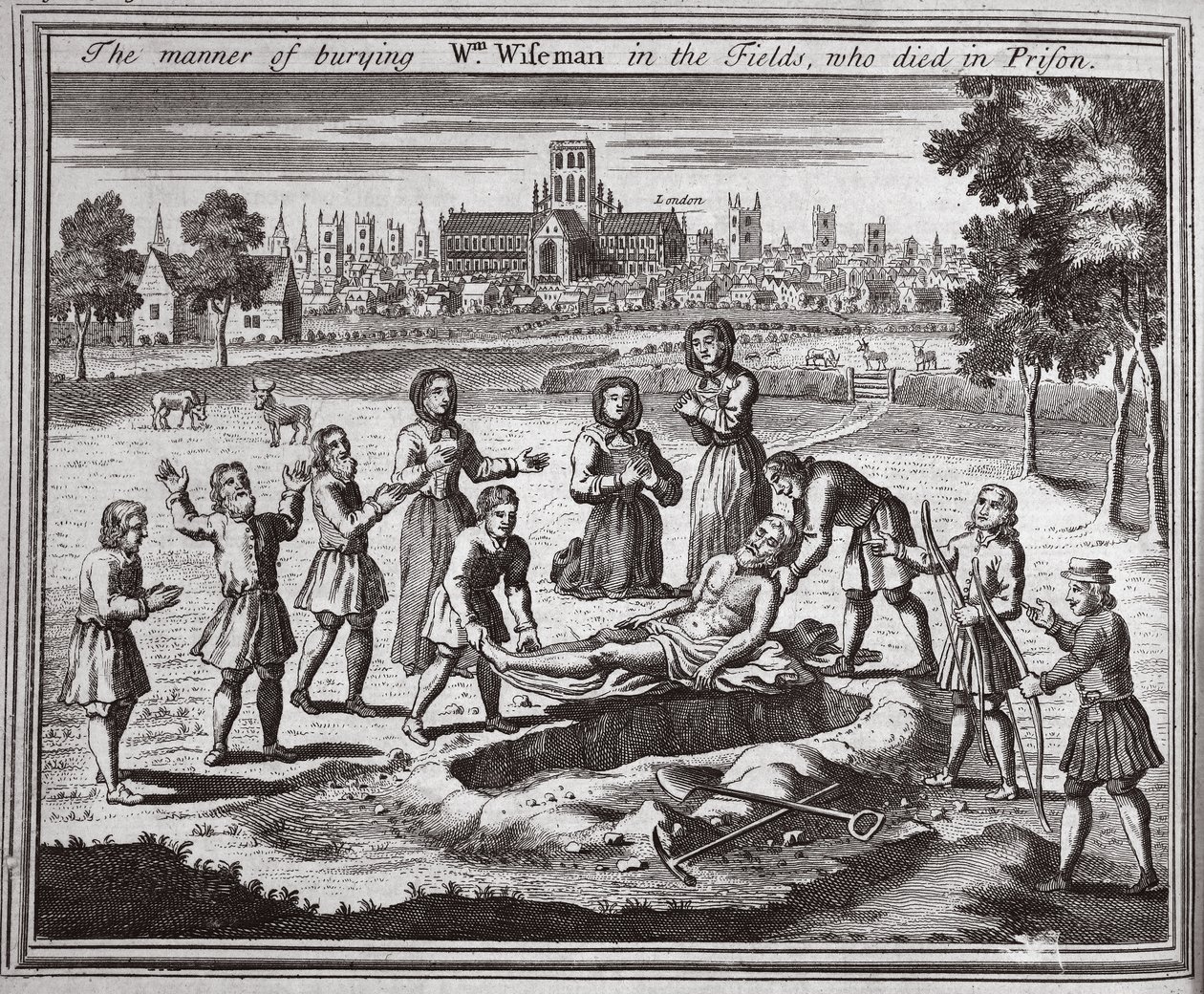 A börtönben meghalt Wm Wiseman szántóföldi eltemetésének módja, illusztráció a Foxes Martyrs c.1703-ból alkotó: English School