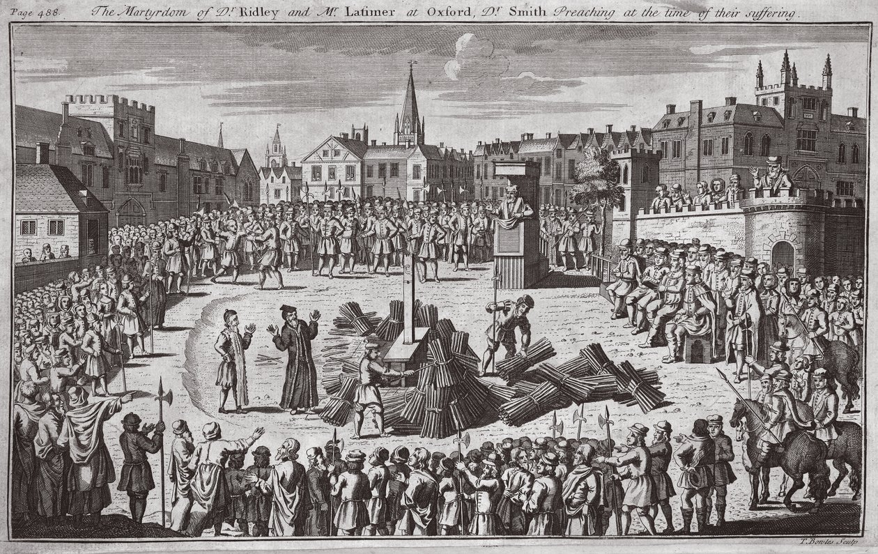 Dr. Ridley és Latimer úr mártíromsága Oxfordban, Dr. Smith prédikál szenvedésük idején, illusztráció a "Foxes Martyrs" c.1703-ból (litográfia). alkotó: English School