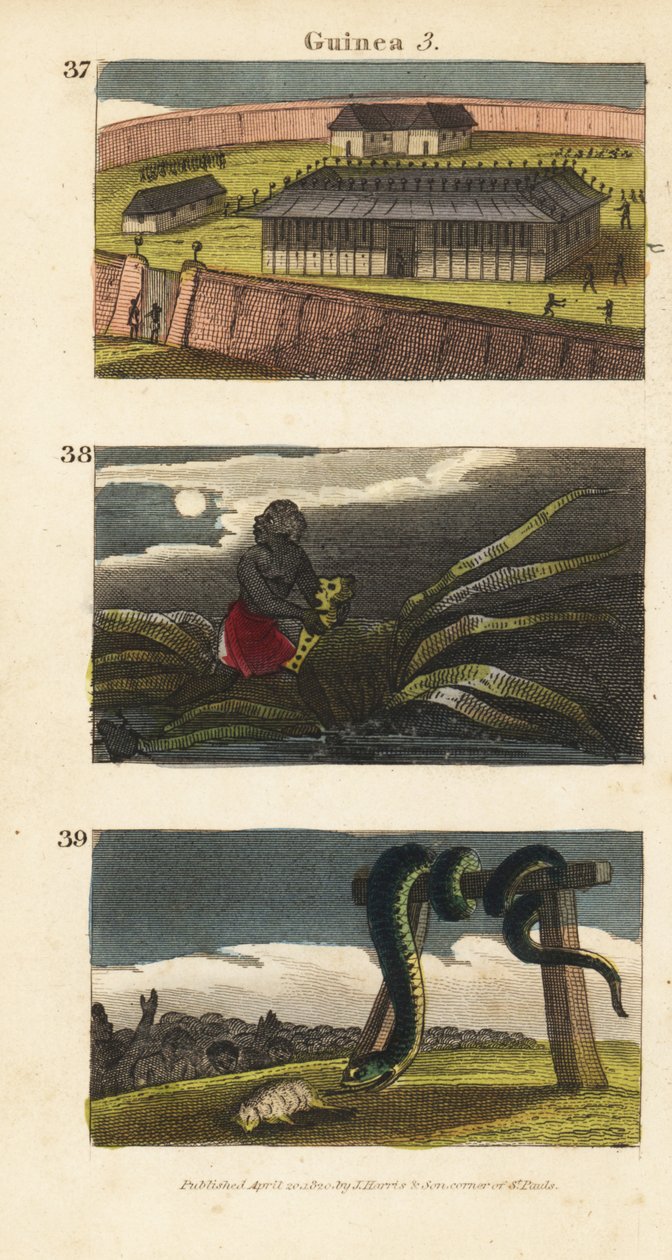 Dahomey királyának palotája Abomeyben 37, egy afrikai férfi, aki fétis rejtőzik 38, és Whydah lakossága, akik egy hatalmas kígyót imádnak 39 alkotó: English School