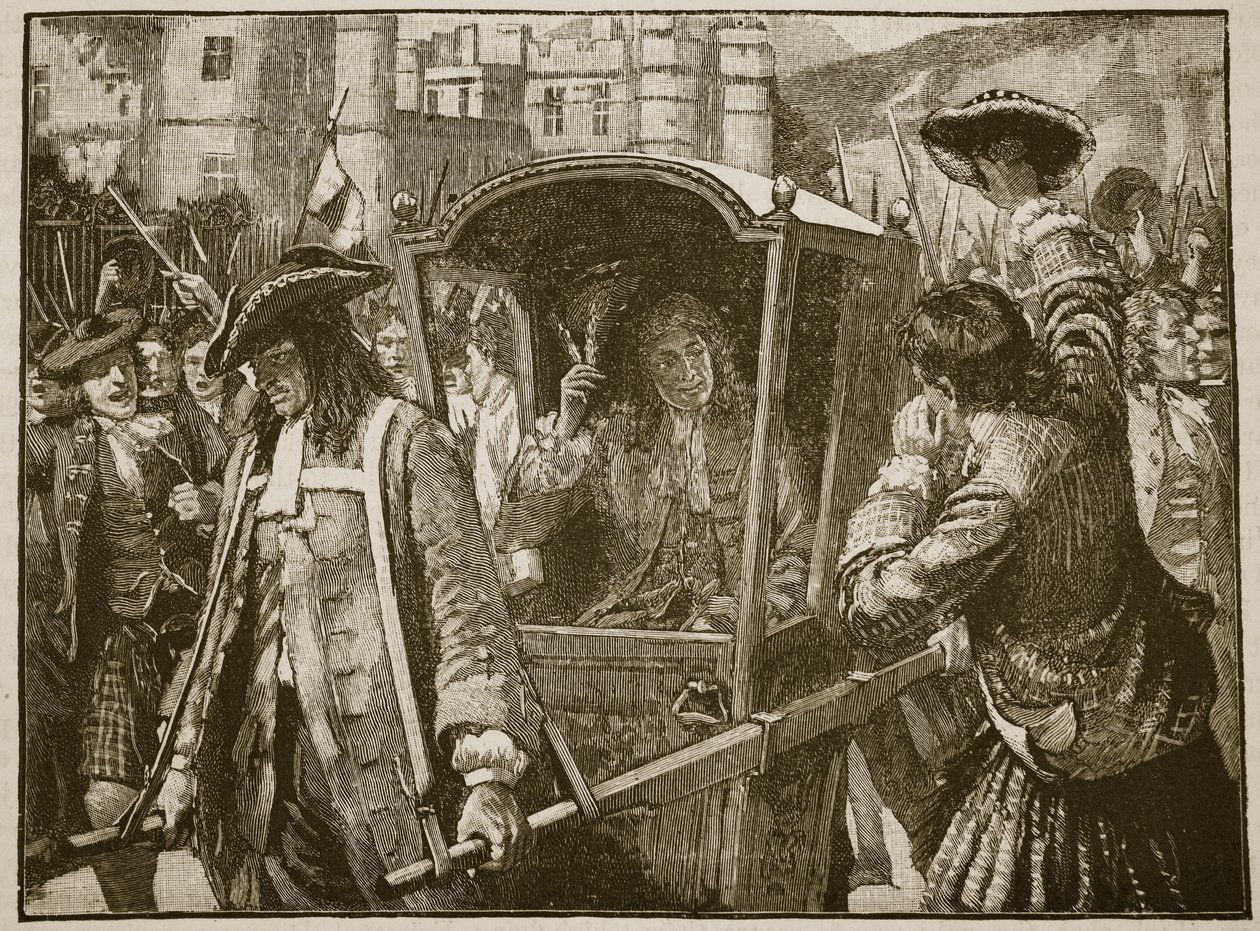 Edinburgh lakossága Hamilton hercegét a Holyrood-palotába kísérve, illusztráció a Cassells Illustrated History of Englandből (szépia fotó) alkotó: English School