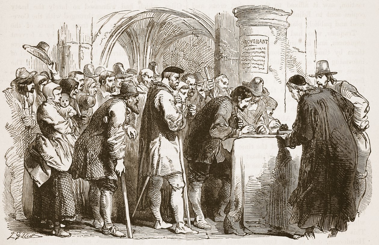 A Szövetséget aláíró emberek az Edinburgh-i St. Giles templomban, illusztráció a Cassells Illustrated History of Englandből (szépia fotó) alkotó: English School