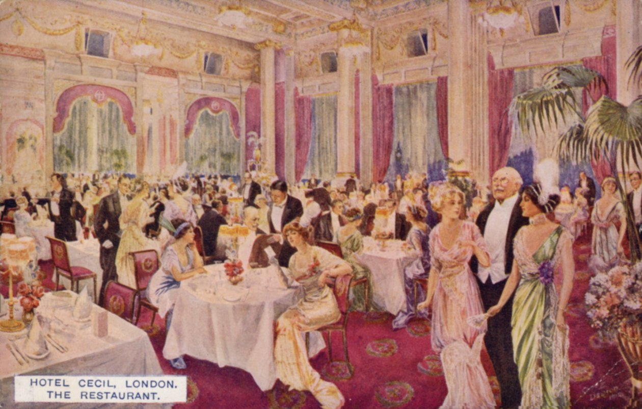 A londoni Hotel Cecil étterem (színes litográfia) alkotó: English School
