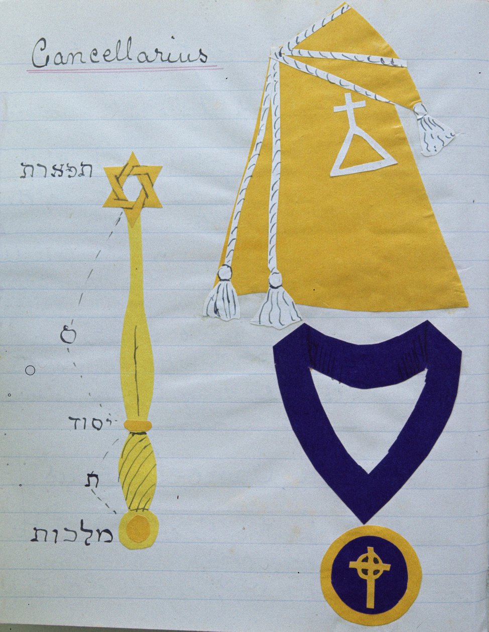 Az Arany Hajnal Hermetikus Rend titkárának (Cancellarius) 1895 körüli köntöse (a rend jelképével) és dísztárgyai (kollázs) (lásd még: 212698) alkotó: English School