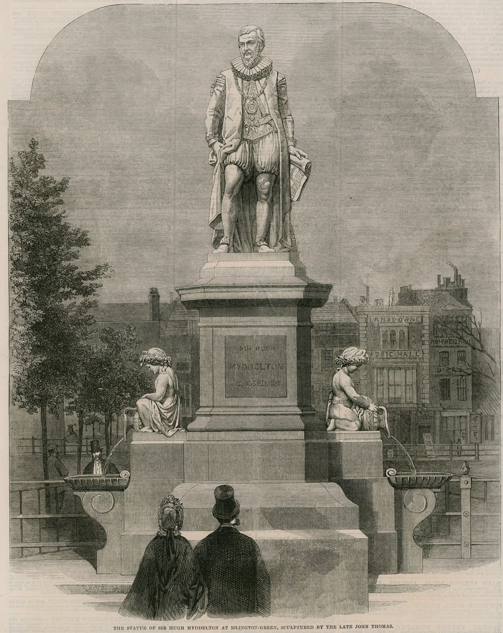 Sir Hugh Myddleton szobra Islington Greenben, a néhai John Thomas szobrászművész alkotása (metszet) alkotó: English School