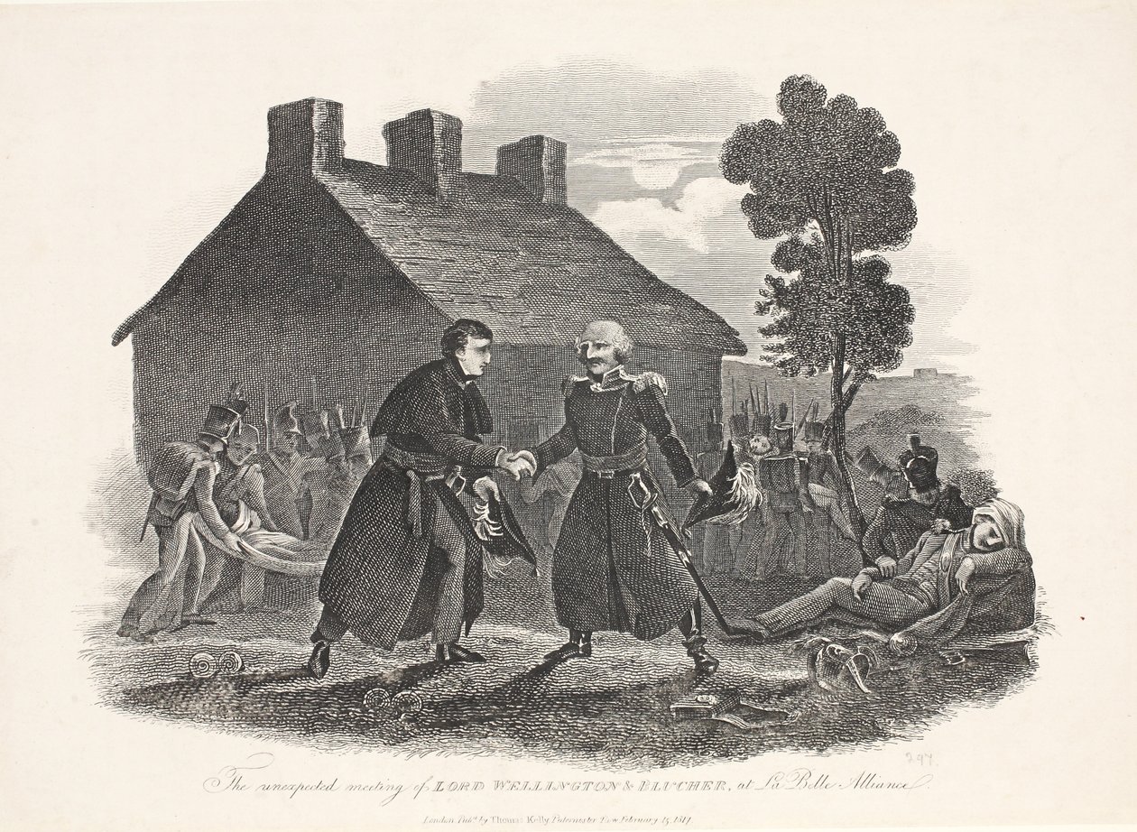 Lord Wellington és Blucher váratlan találkozása a La Belle Alliance kocsmában. T Kelly, 1811 alkotó: English School