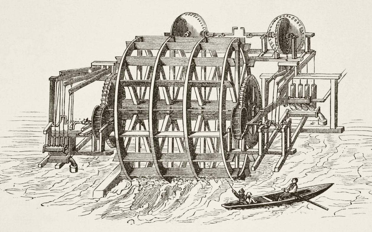 A London Bridge vízműve, amelyet először 1582-ben emeltek, William Hickman Smith Aubrey (1858-1916) The National and Domestic History of England című könyvéből, London, 1890 körül alkotó: English School