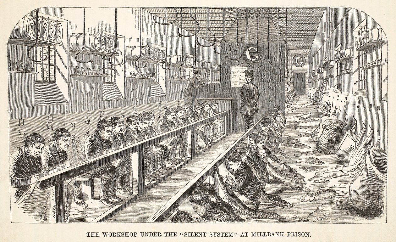 A műhely a Silent System alatt a Millbank börtönben, illusztráció a londoni bűnügyi börtönökből és Henry Mayhew és John Binny jelenetek a börtönéletből, pub. 1862 alkotó: English School