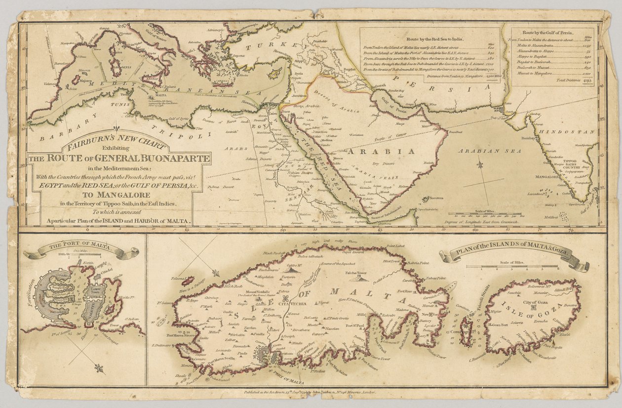 Három nyomtatott színes térkép: Fairburns új térképe, amely Bonaparte tábornok útját mutatja be a Földközi-tengeren, 1798 alkotó: English School
