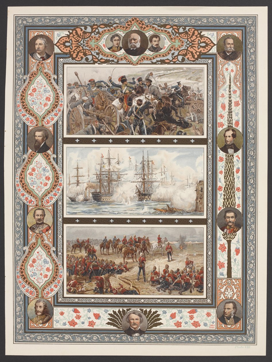 Három tengeri és szárazföldi harci jeleneteket ábrázoló matrica, köztük R Caton Woodville „Relief of the Light Brigade” című filmje. alkotó: English School