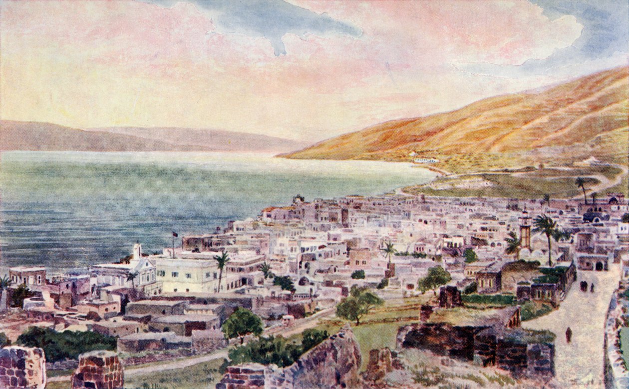 Tiberius és a Galileai-tenger, Izrael, 1910 körül (színes litó) alkotó: English School