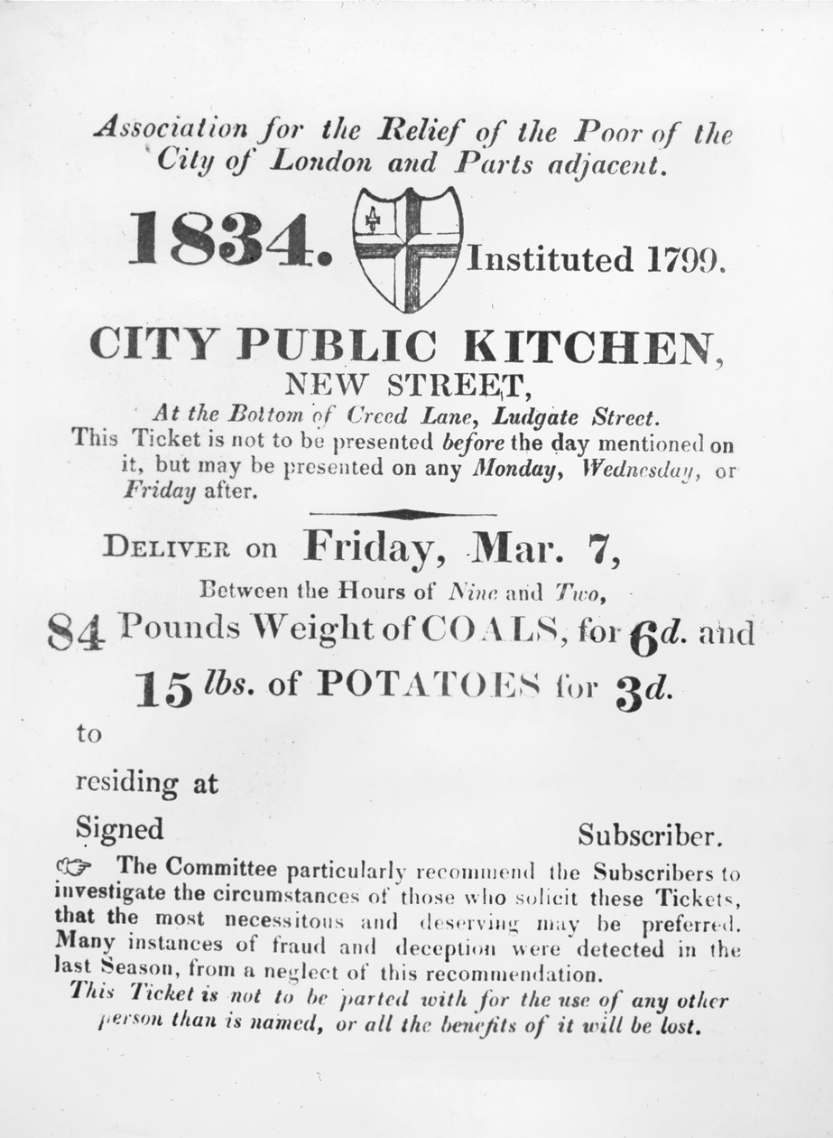 Jegyet a szegényeknek adtak ki szén és burgonya átvételére a City public Kitchenből, New Street, London, 1834 alkotó: English School