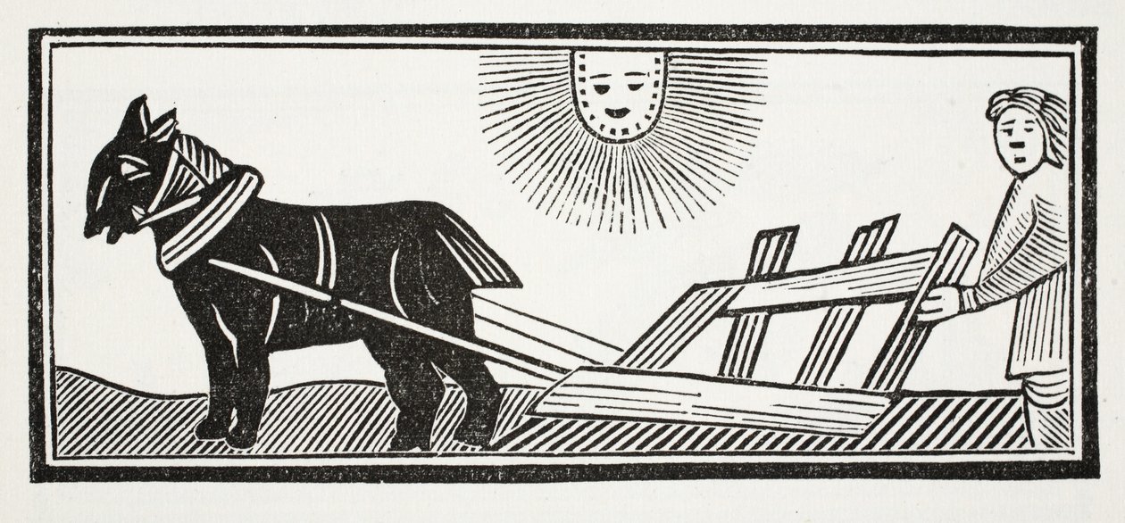 Ez egy eke, amely feltöri a Föld beleit kukorica vetésére, illusztrációja a Chap-books of the Eightenth Century, John Ashton, pub. 1882 alkotó: English School