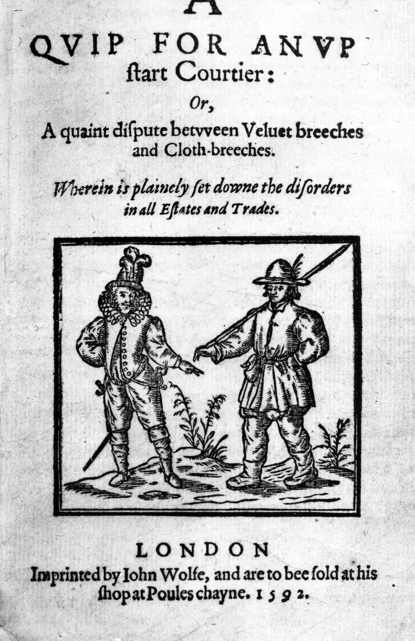 Címlap egy felkapott udvaroncnak szánt csípéshez: vagy, Furcsa vita Robert Greene bársonyos nadrágja és szövetnadrágja között, 1592-ben (fametszet és magasnyomás) alkotó: English School