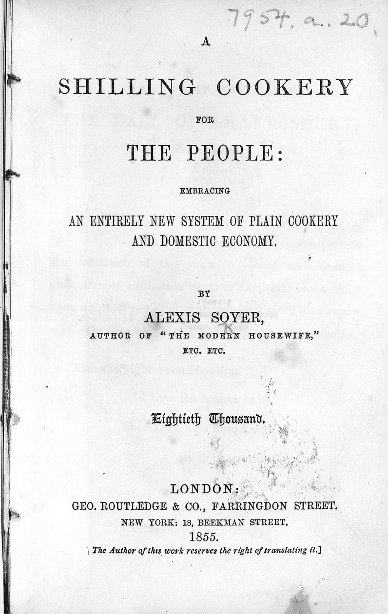 Alexis Soyer 1855-ben megjelent Shilling Cookery for The People címlapja (nyomtatott papír) alkotó: English School
