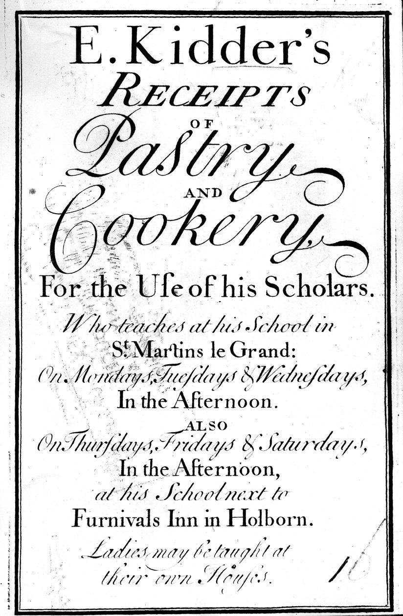Címlap az E. Kidders cukrászsüteményes és főzési bizonylatokhoz, Edward Kiddertől, megjelent 1730 körül alkotó: English School