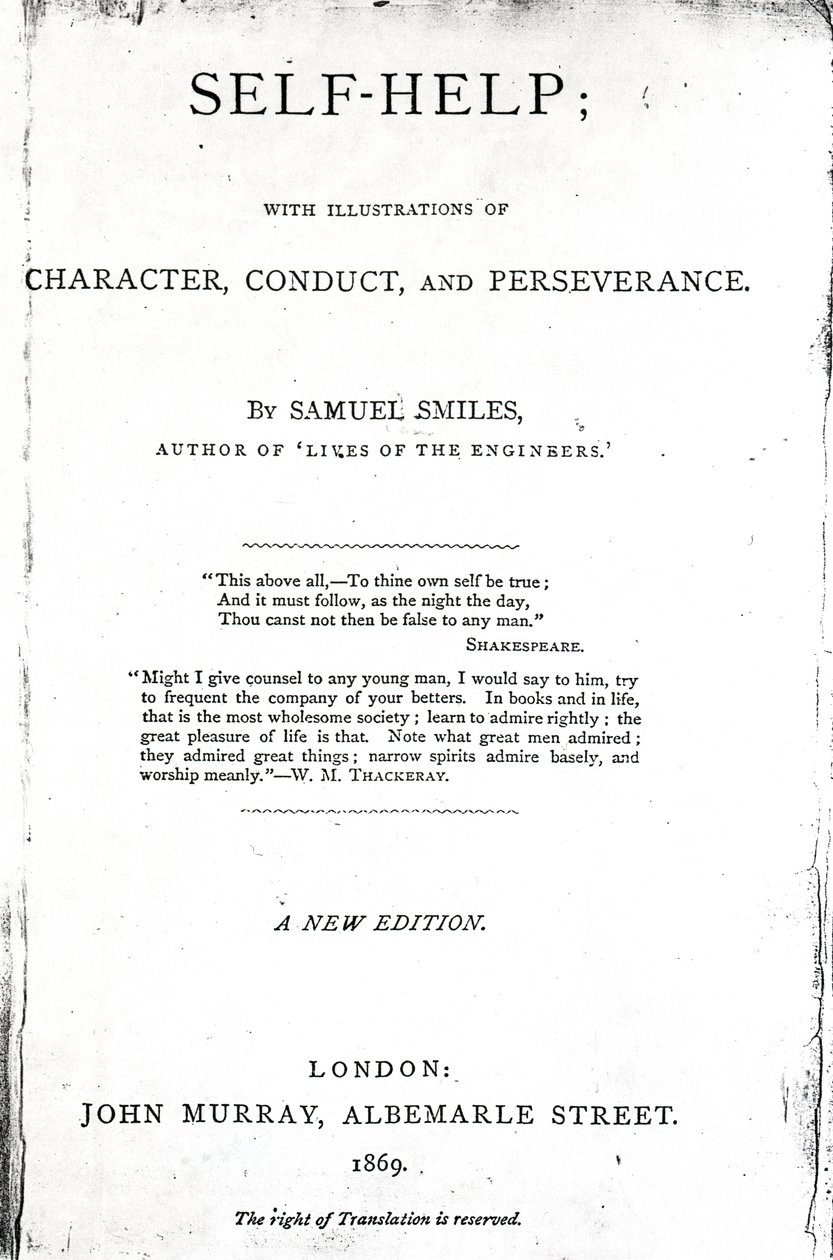 Címlap az önsegítéshez; Samuel Smiles karakterének, magatartásának és kitartásának illusztrációival, 1869-ben (nyomtatott papír) alkotó: English School