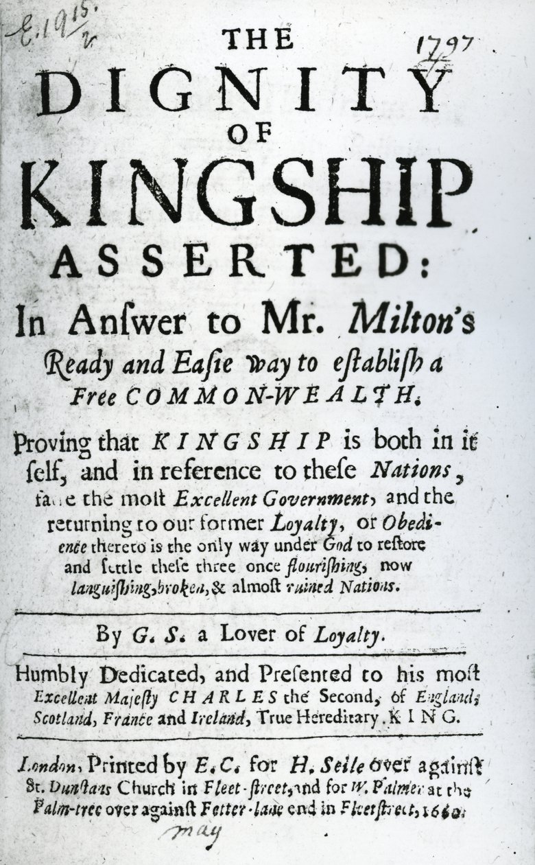 A G.S., a hűség szerelmese által állított királyi méltóság címlapja, 1660-ban megjelent (nyomtatott papír) alkotó: English School