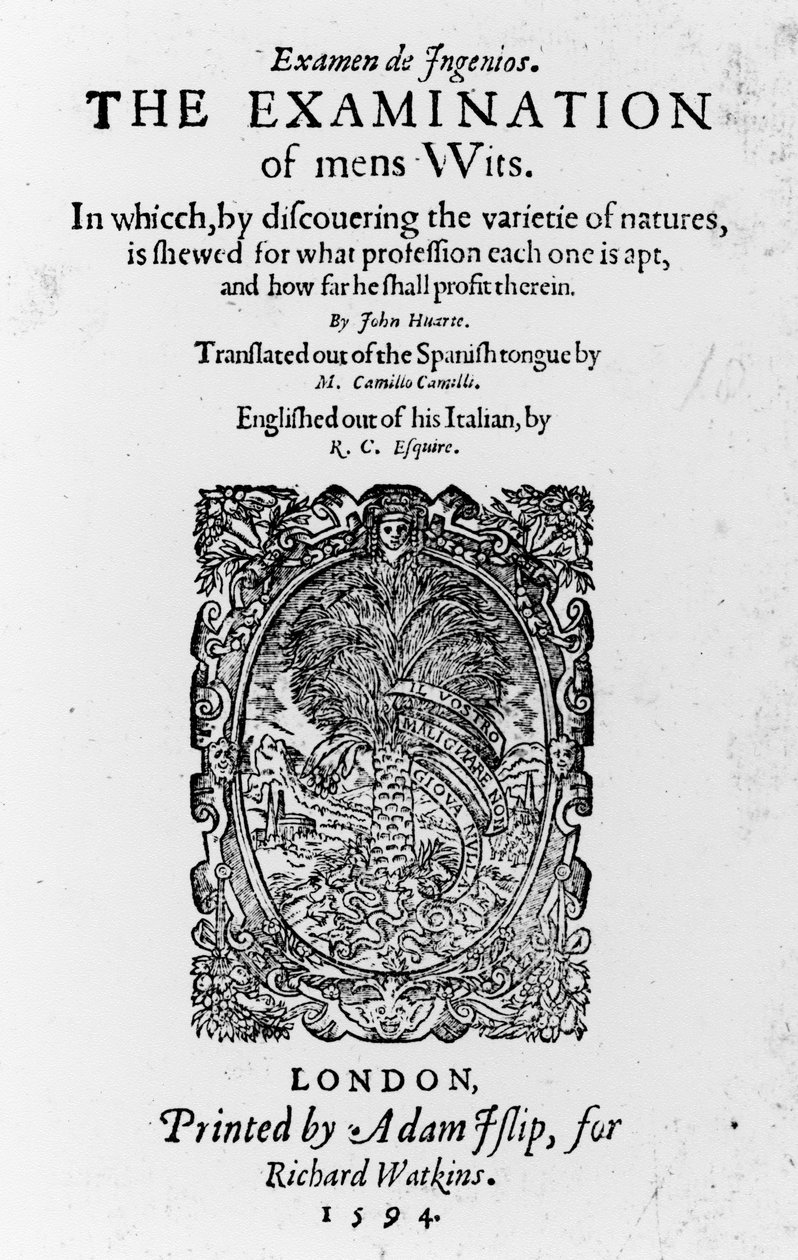 Címlap a The Examination of Mens Wits by Juan Huarte, 1594-ben (nyomtatott papír) alkotó: English School